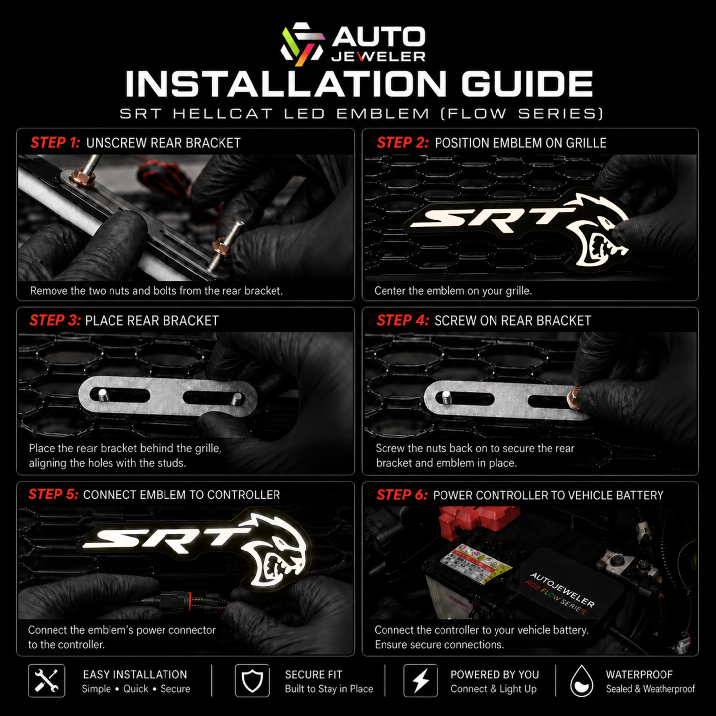 SRT Hellcat Flow Series LED grille emblem installation guide showing bracket mounting, wiring and 12V power connection