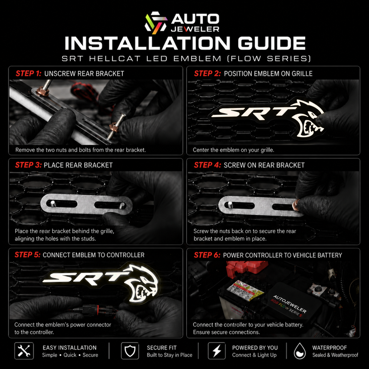 SRT Hellcat Flow Series LED grille emblem installation guide showing bracket mounting, wiring and 12V power connection
