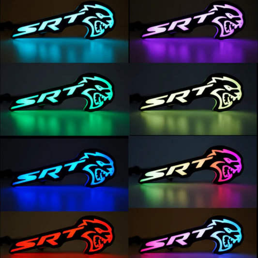 SRT Hellcat RGB Flow-Series emblem showing multiple color modes.