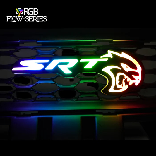 Dodge Hellcat RGB Flow-Series illuminated grille emblem.