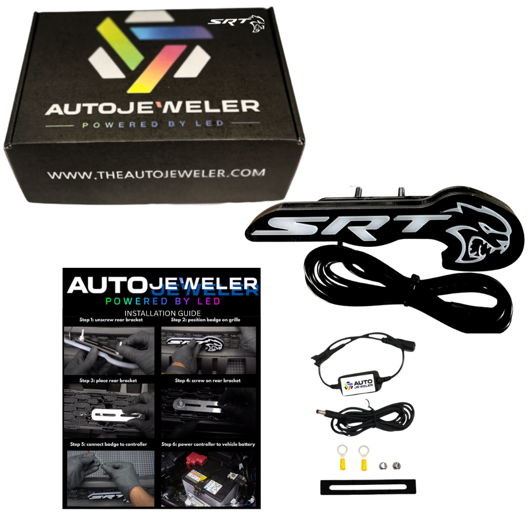 SRT Hellcat RGB Flow-Series Emblem with AutoJeweler packaging and wiring kit.