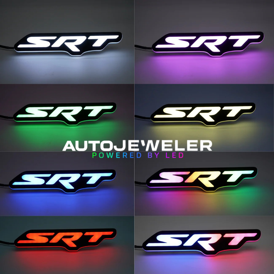 SRT illuminated grille emblem with RGB Flow-Series LED multicolor lighting effects.