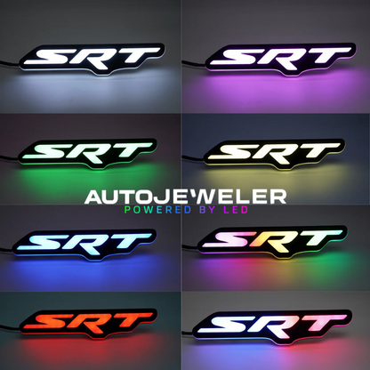 SRT illuminated grille emblem with RGB Flow-Series LED multicolor lighting effects.