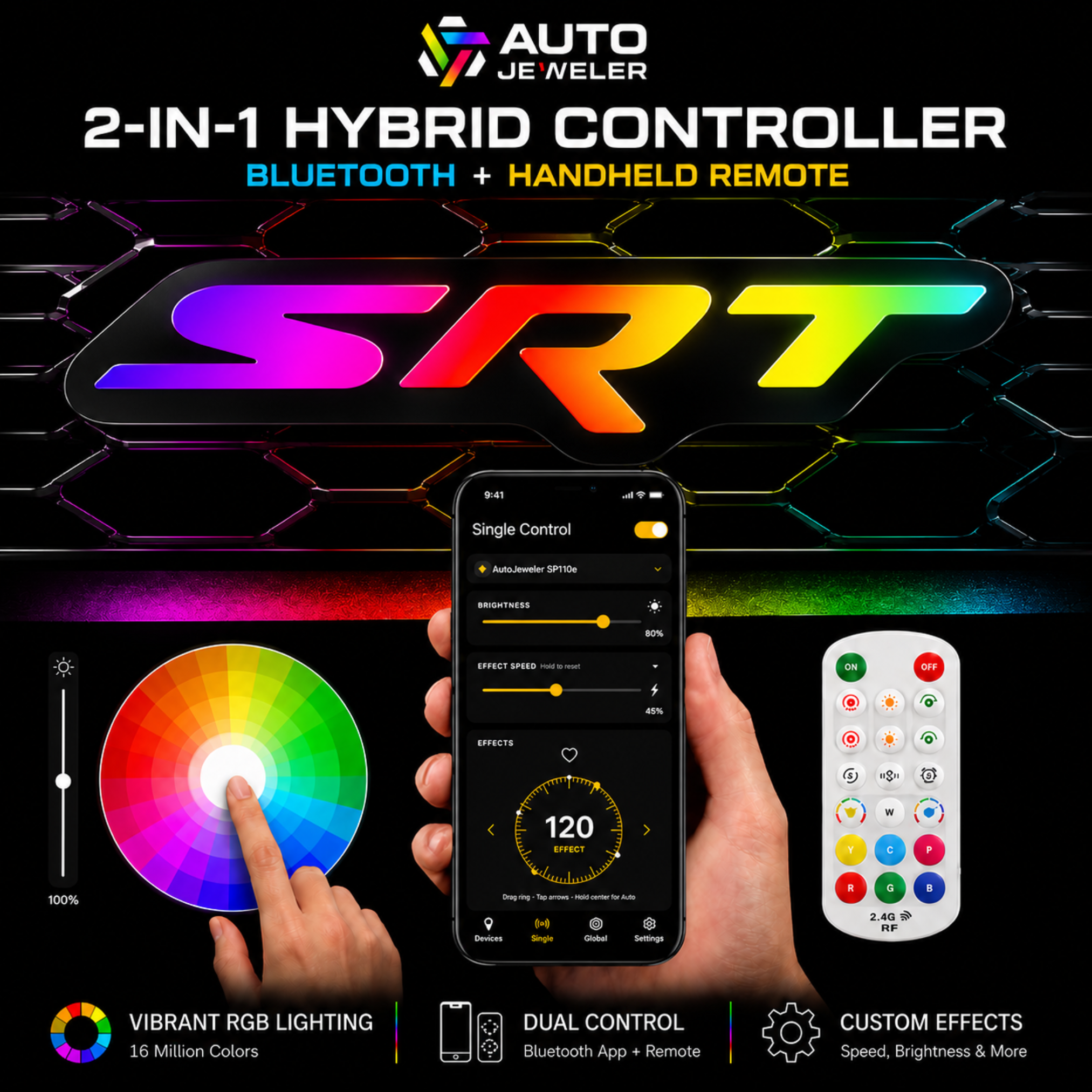 SRT LED emblem 2-in-1 hybrid controller graphic showing Bluetooth app control, handheld remote, RGB lighting, and custom effects.