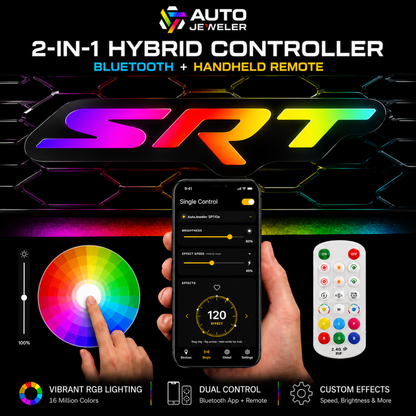 SRT LED emblem 2-in-1 hybrid controller graphic showing Bluetooth app control, handheld remote, RGB lighting, and custom effects.