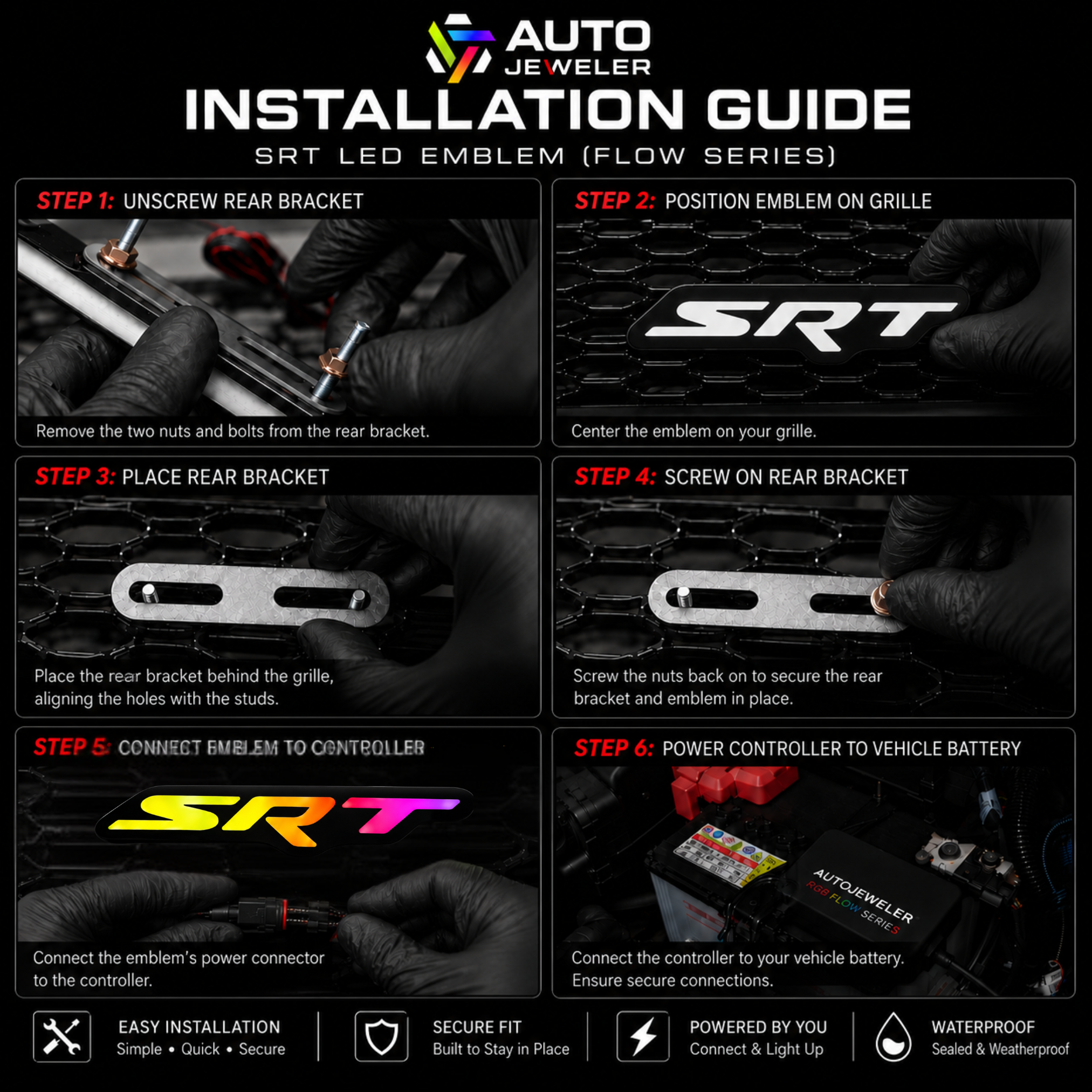 SRT LED emblem Flow Series installation guide showing rear bracket mounting, grille positioning, controller connection, and battery wiring.