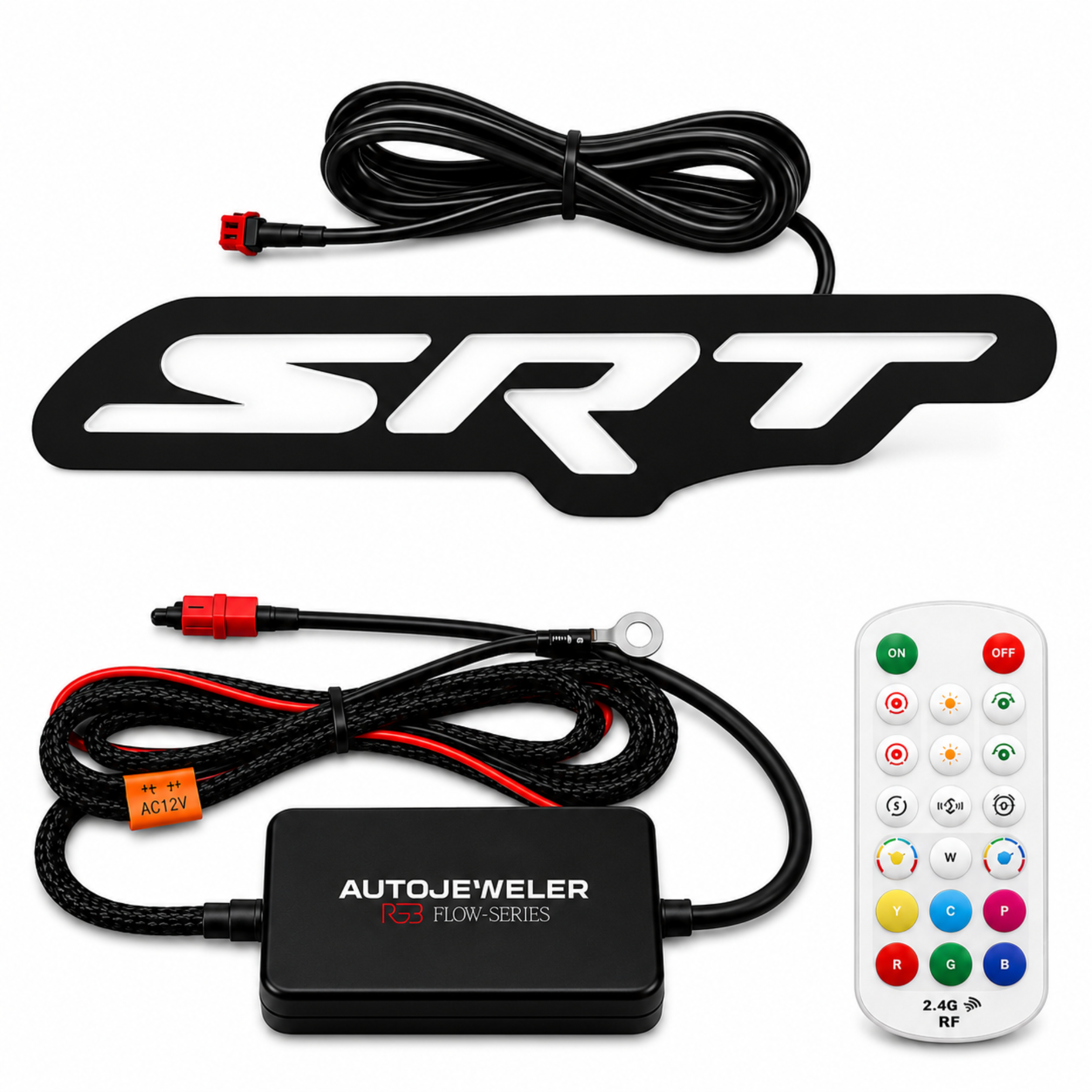 AutoJeweler SRT LED grille emblem badge RGB Flow Series kit with Bluetooth controller, RF remote, wiring harness, and plug-and-play connectors.