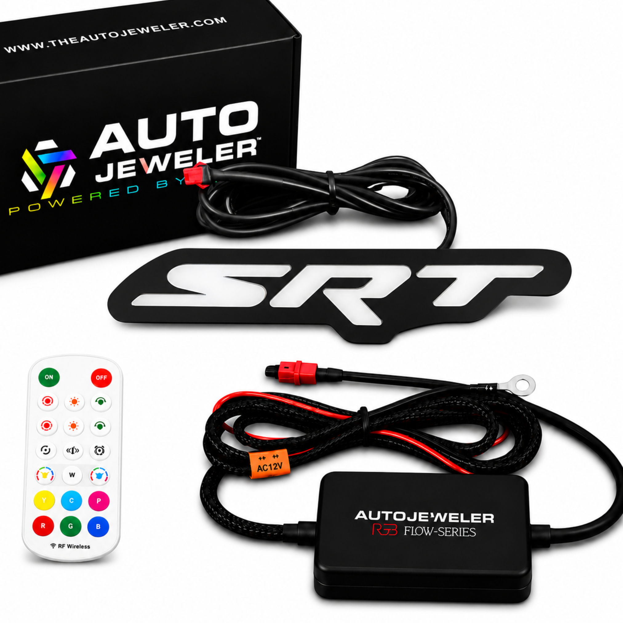 AutoJeweler Dodge SRT LED grille emblem kit with AutoJeweler box, hybrid controller, RF remote, wiring harness, and mounting hardware.