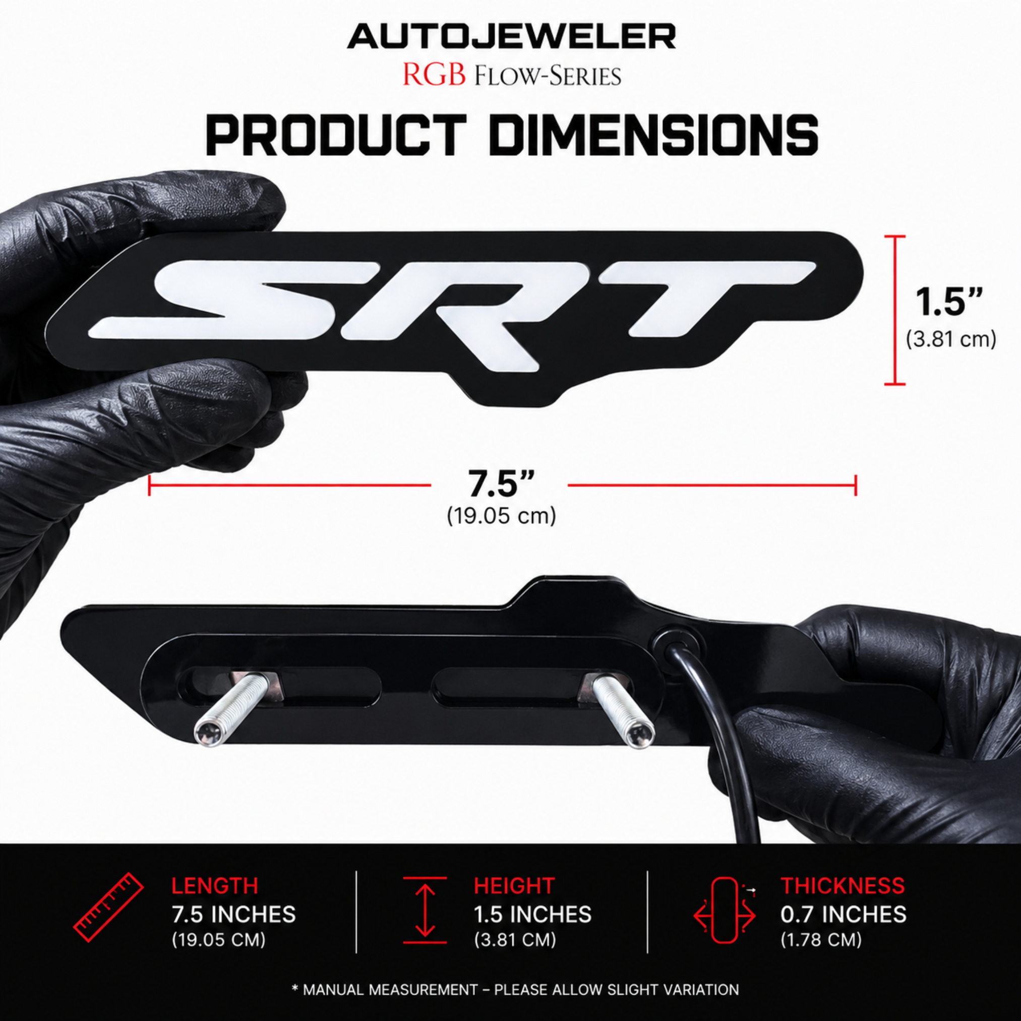 AutoJeweler SRT LED grille emblem product dimensions showing 7.5 inch length, 1.5 inch height, and 0.7 inch thickness.
