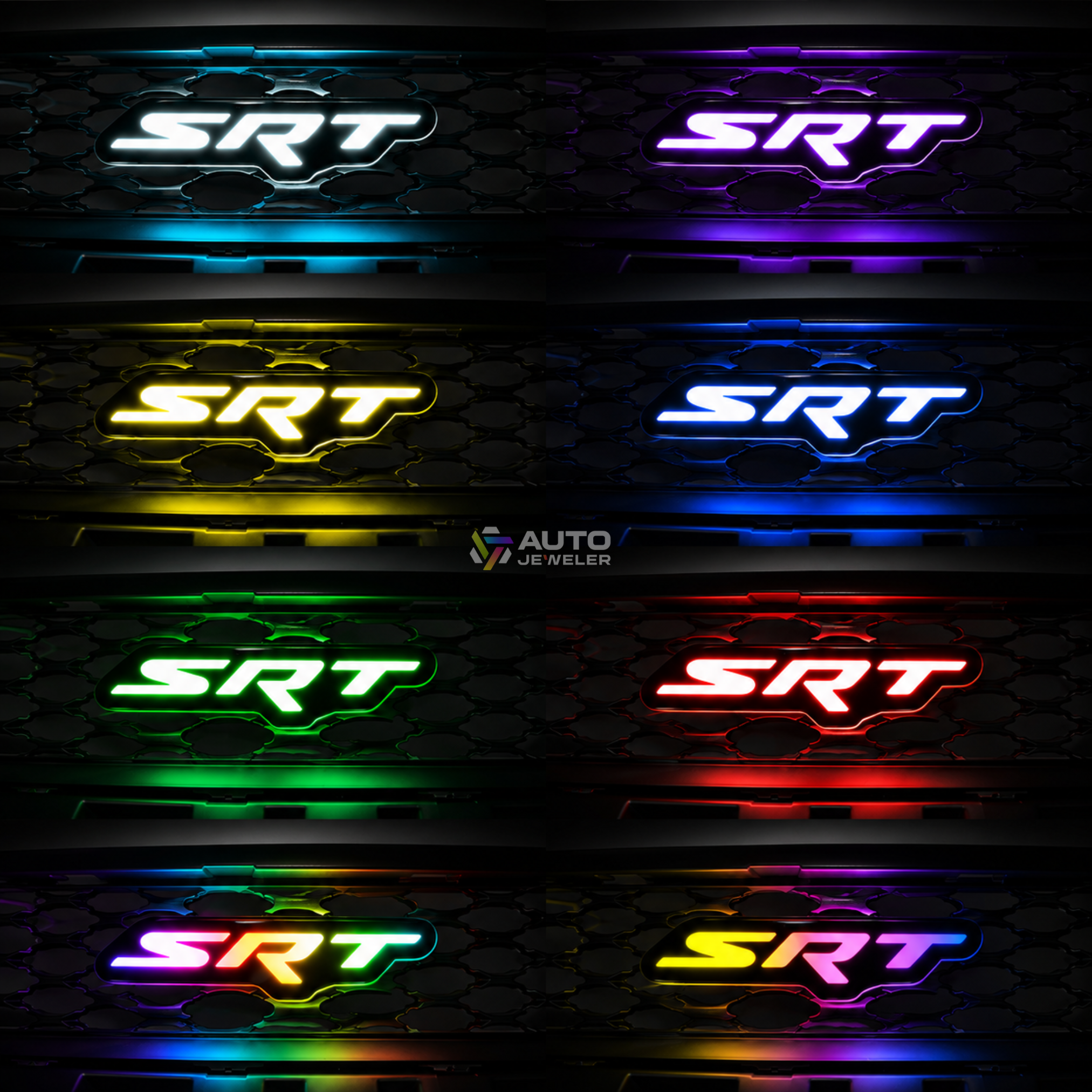 AutoJeweler Dodge SRT RGB Flow Series LED grille emblem color modes collage showing white, purple, yellow, blue, green, red, and rainbow lighting effects.