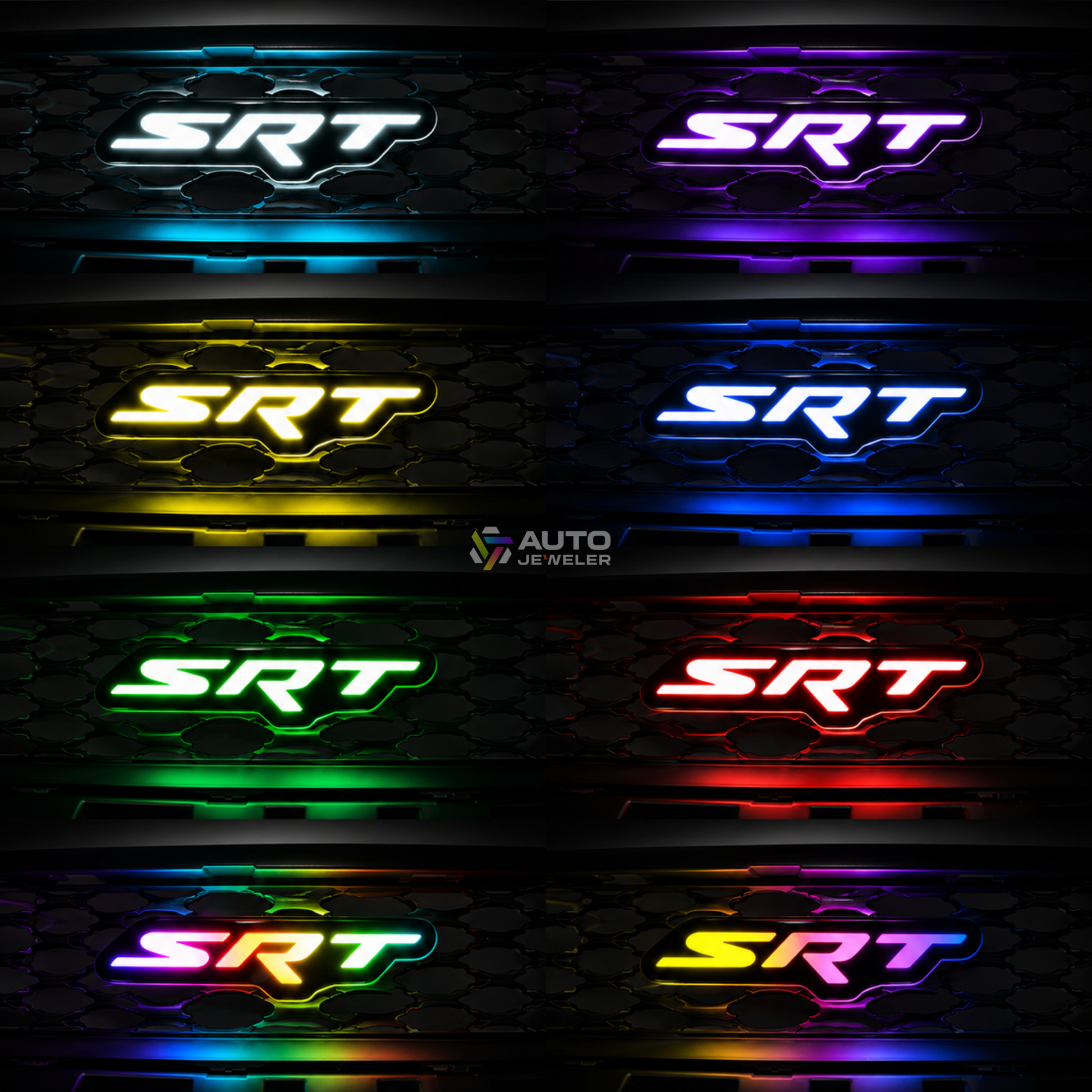 AutoJeweler Dodge SRT RGB Flow Series LED grille emblem color modes collage showing white, purple, yellow, blue, green, red, and rainbow lighting effects.