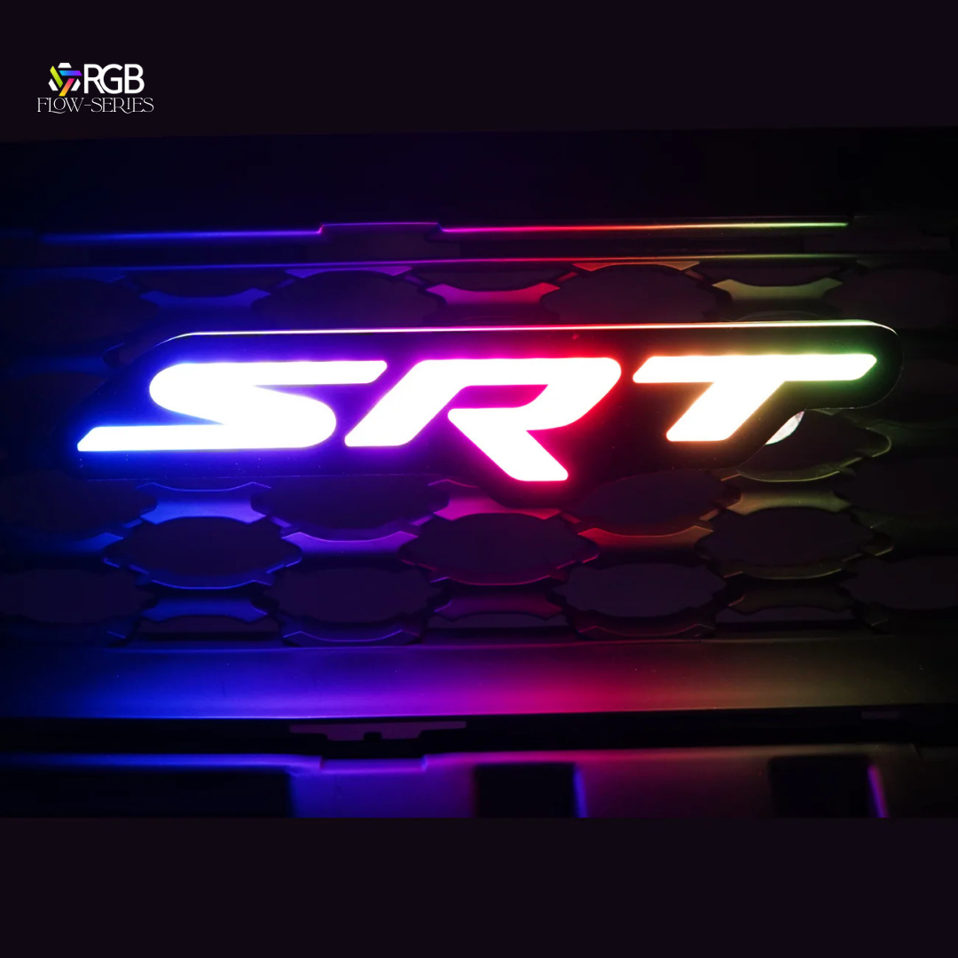Dodge Charger with SRT RGB Flow-Series illuminated grille emblem glowing multicolor.