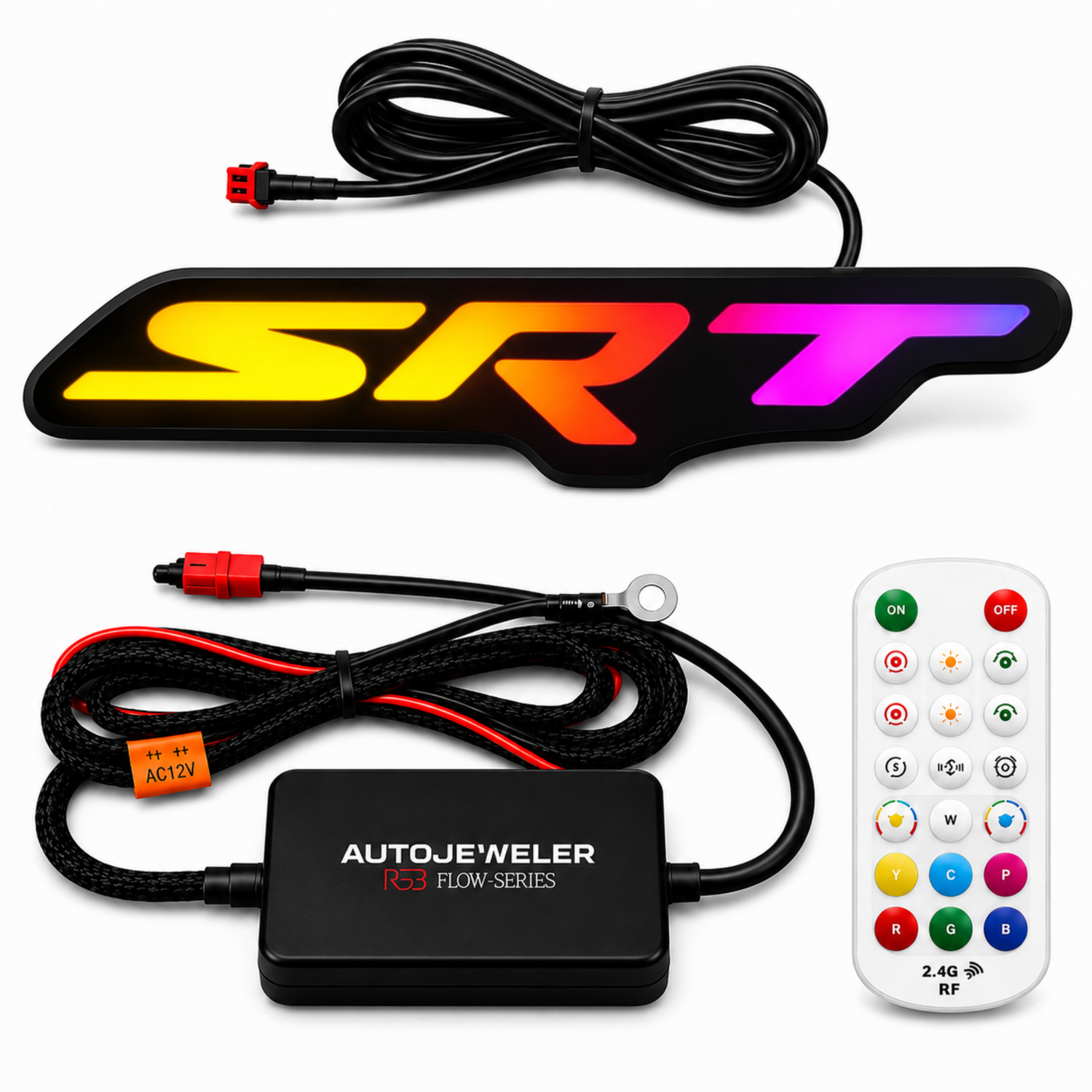 AutoJeweler Dodge SRT RGB Flow Series LED emblem kit with illuminated badge, hybrid controller, RF remote, wiring harness, and plug-and-play connectors.