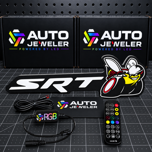 SRT Bee Flow Series RGB LED emblem illuminated yellow with handheld RF remote