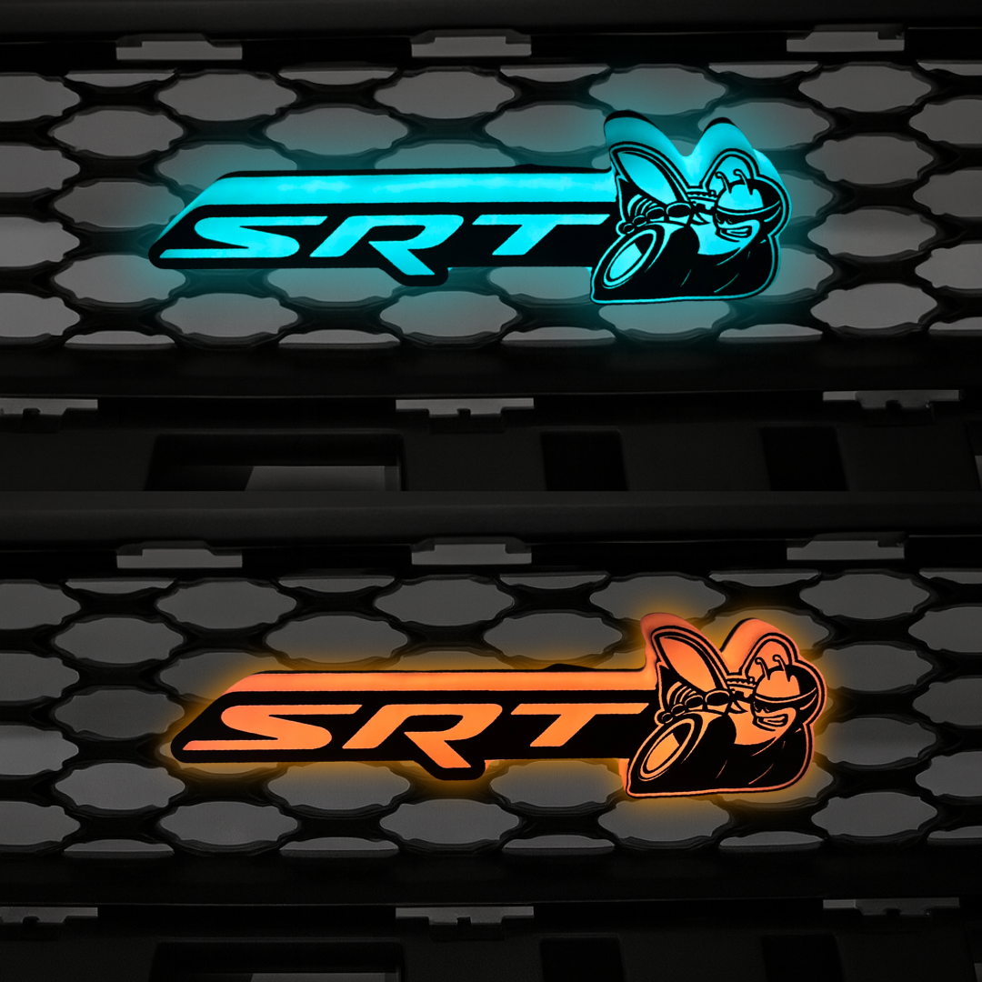 SRT Scat Bee LED emblem glowing in blue and orange Flow-Series colors