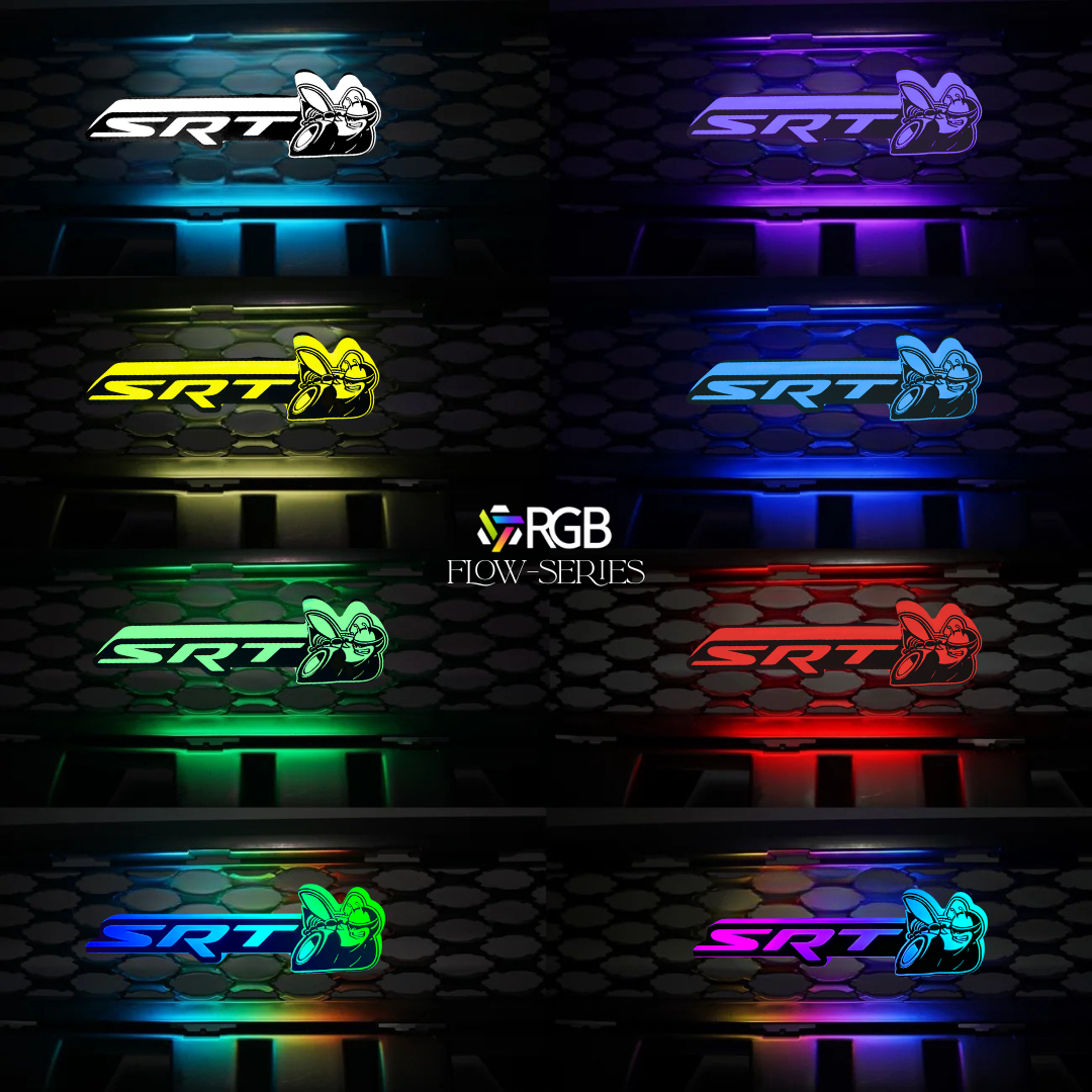 Multiple RGB color modes of the SRT Scat Bee Flow-Series LED emblem.