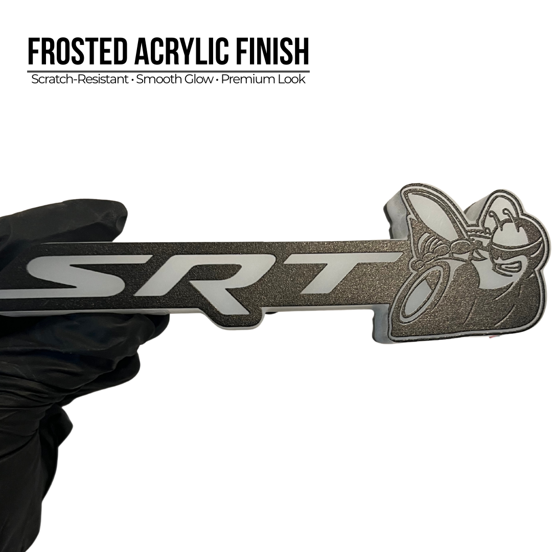 Frosted acrylic finish closeup of SRT Scat Bee LED emblem