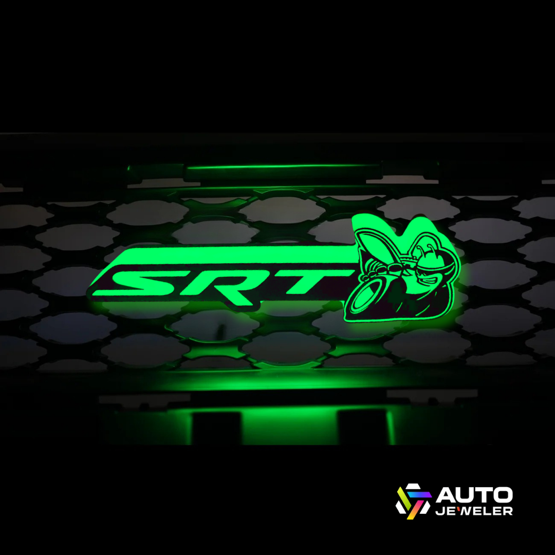 Green glow lighting effect on SRT Scat Bee Flow-Series emblem