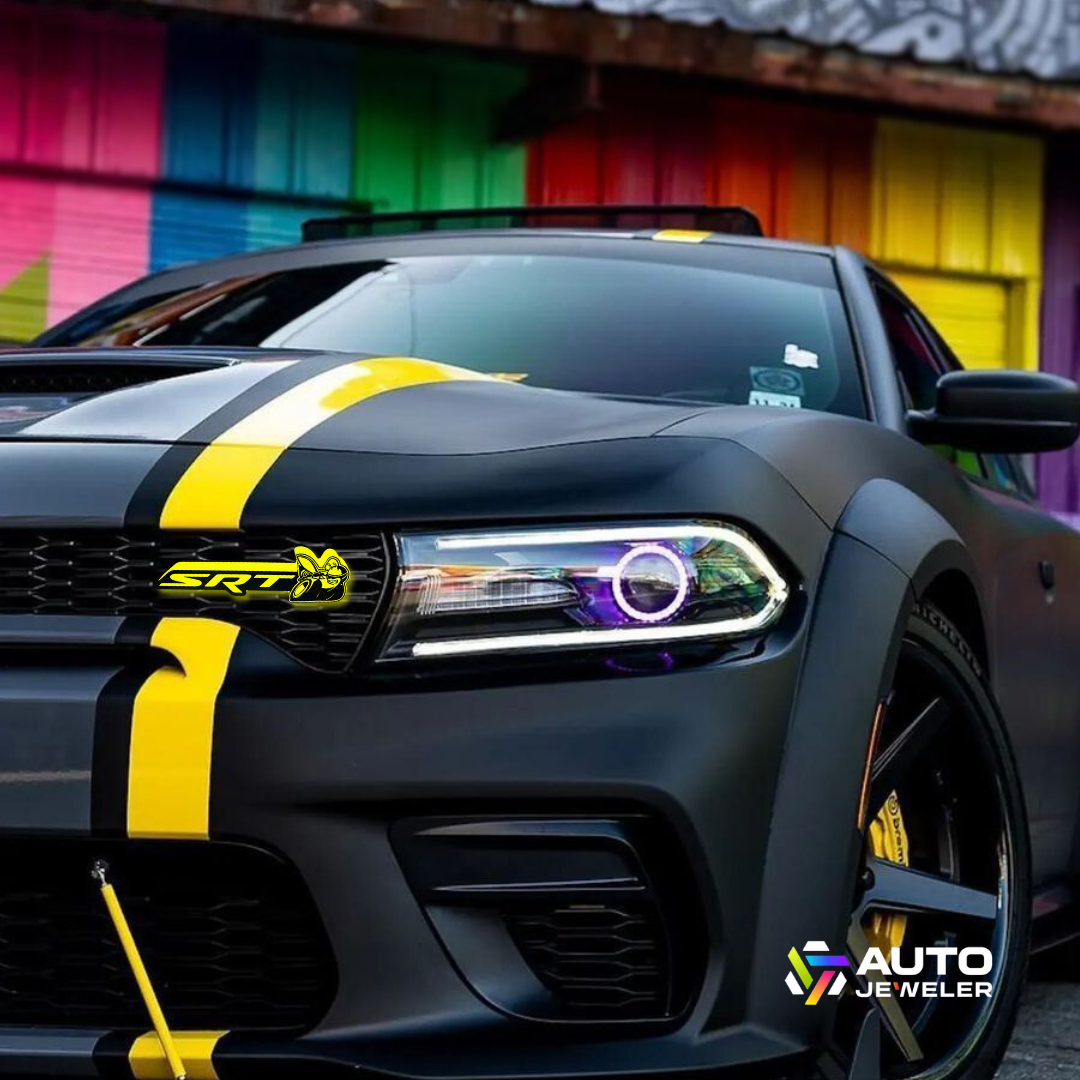 Dodge Charger with yellow glowing SRT Scat Bee Flow-Series emblem