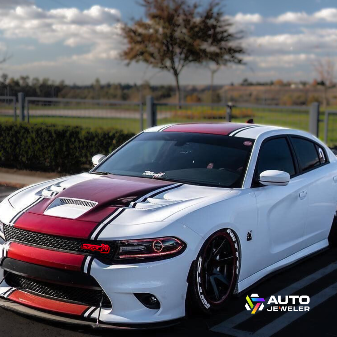 Dodge Charger with installed SRT Scat Bee RGB Flow-Series emblem in daylight