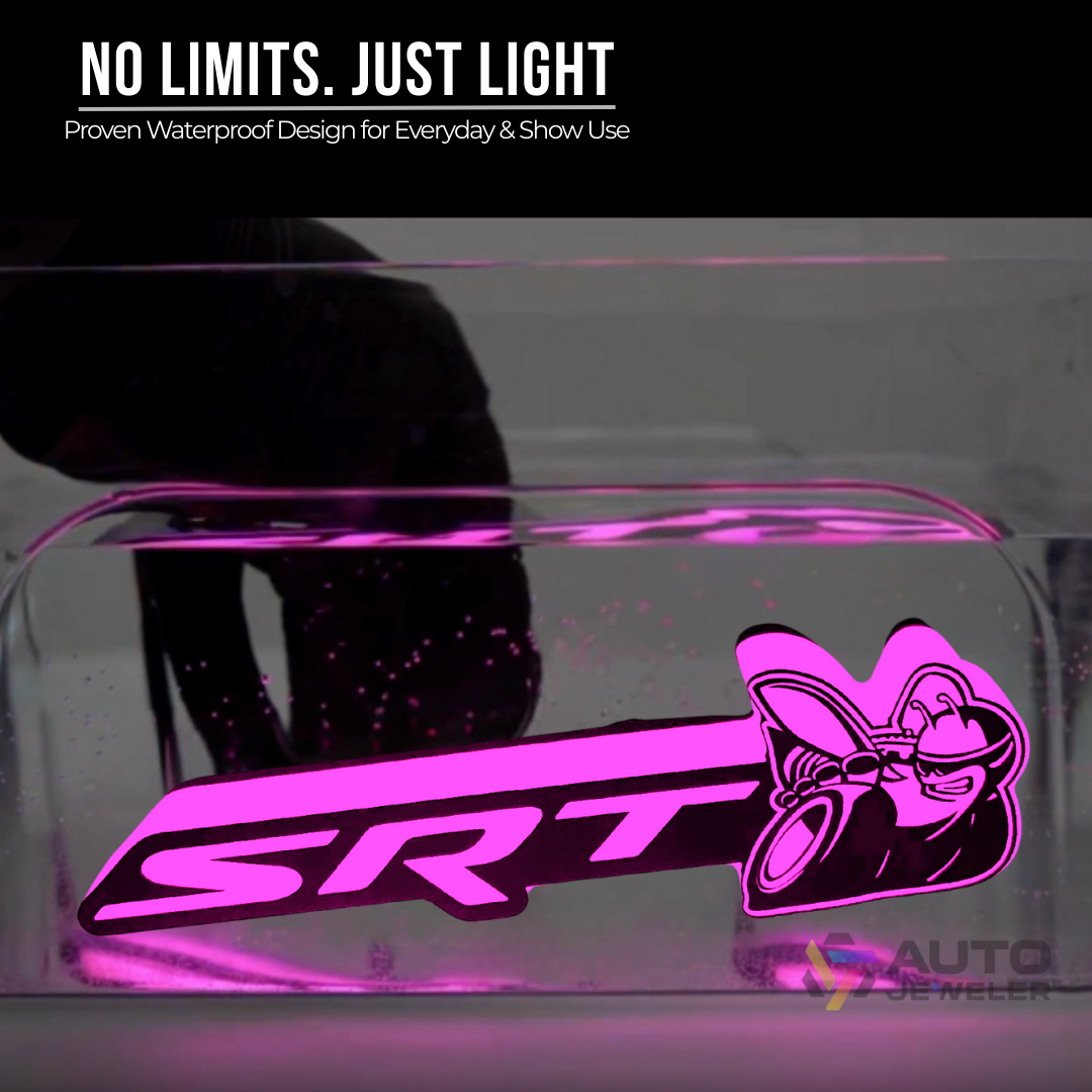 Closeup of pink glow on SRT Scat Bee RGB Flow-Series emblem in water