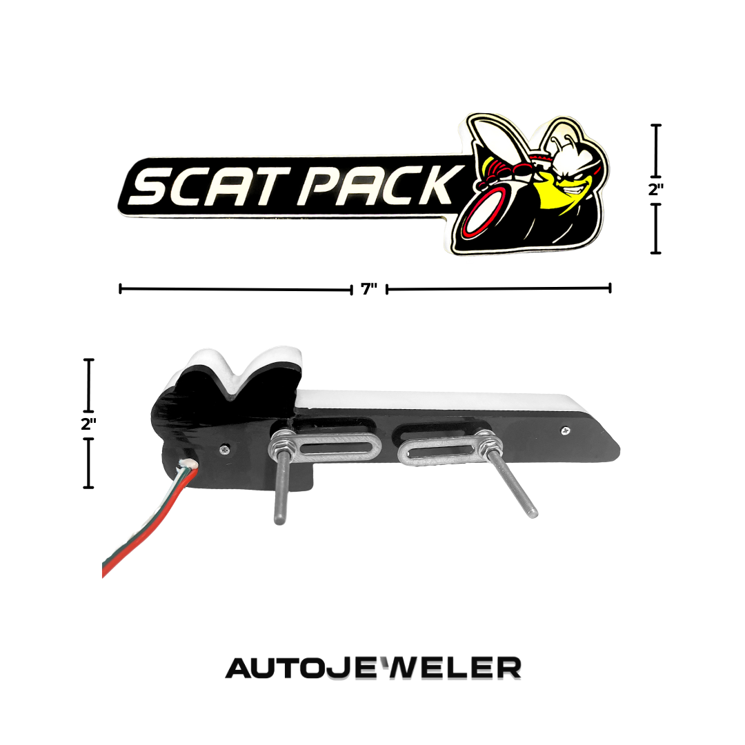 New Dodge Scat Pack RGB LED Grille Emblem , color version front and back view. The scat pack emblem shows the dimensions, 7 inches wide x 2 inches tall