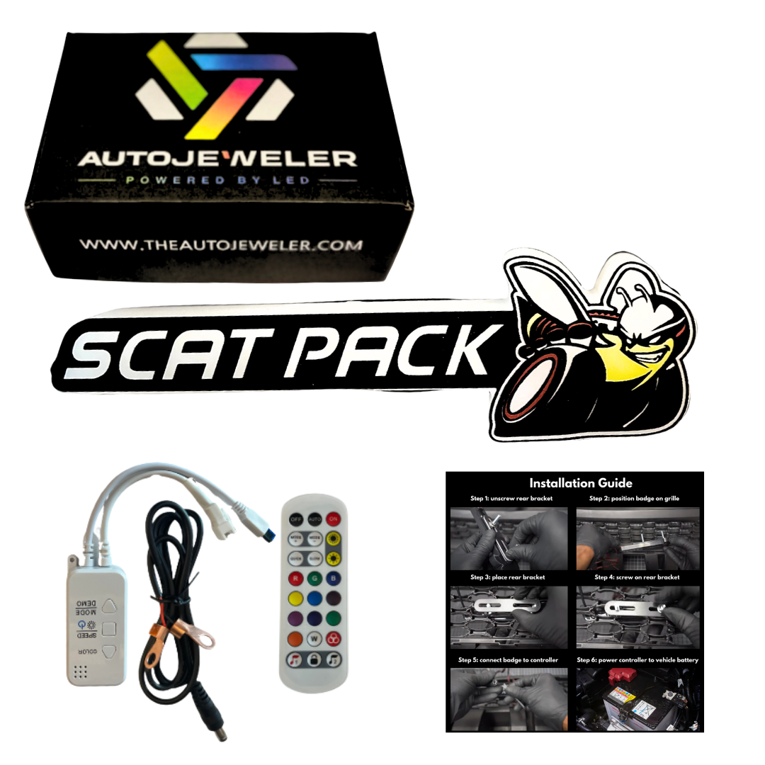 Autojeweler packaging, dodge SCAT PACK LED grille emblem with full color bee, remote control, wiring harness, and installation guide on a white background.