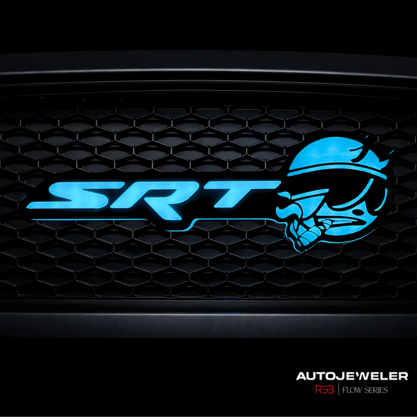 SRT Smoking Bee LED grille emblem installed on black honeycomb grille illuminated in bright blue static lighting mode.