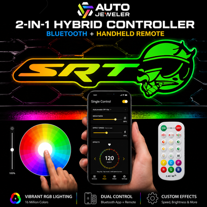 SRT Smoking Bee RGB Flow Series LED emblem with AutoJeweler 2-in-1 Hybrid Controller featuring Bluetooth app control and handheld remote operation.