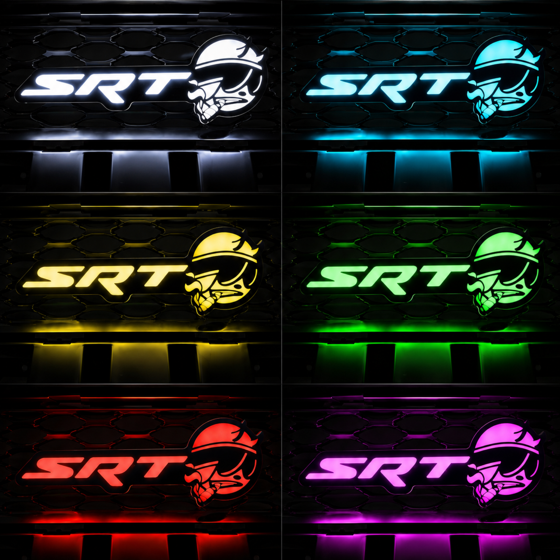 SRT Smoking Bee LED emblem displaying multiple color options including white, blue, green, yellow, red, and pink lighting modes.
