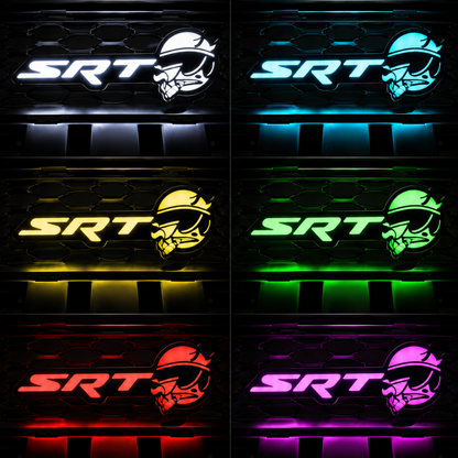 SRT Smoking Bee LED emblem displaying multiple color options including white, blue, green, yellow, red, and pink lighting modes.