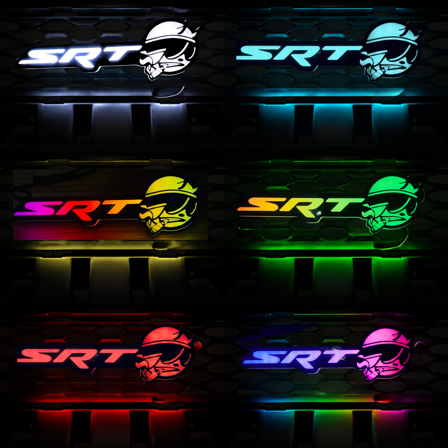 SRT Smoking Bee LED grille emblem displaying multiple lighting modes including white, blue, rainbow flow, green, red, and pink color options.