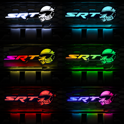 SRT Smoking Bee LED grille emblem displaying multiple lighting modes including white, blue, rainbow flow, green, red, and pink color options.
