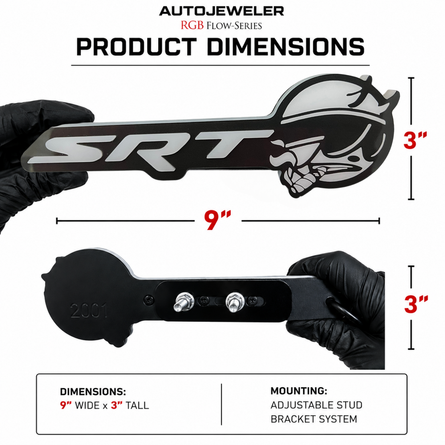 SRT Smoking Bee LED grille emblem dimensions showing 9 inch width, 3 inch height, and adjustable stud mounting bracket system.