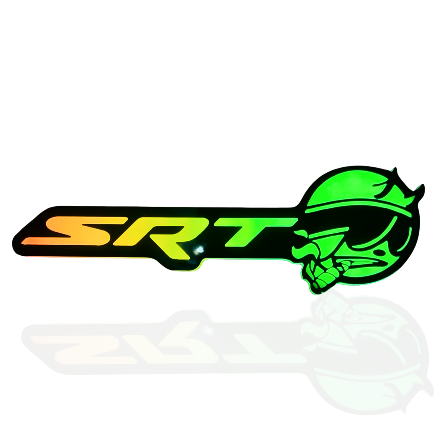 SRT Smoking Bee RGB Flow Series LED emblem illuminated in green and yellow flow mode with premium reflection effect on black background.