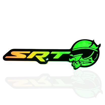 SRT Smoking Bee RGB Flow Series LED emblem illuminated in green and yellow flow mode with premium reflection effect on black background.