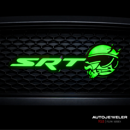 SRT Smoking Bee LED grille emblem installed on black honeycomb grille illuminated in bright green static lighting mode.