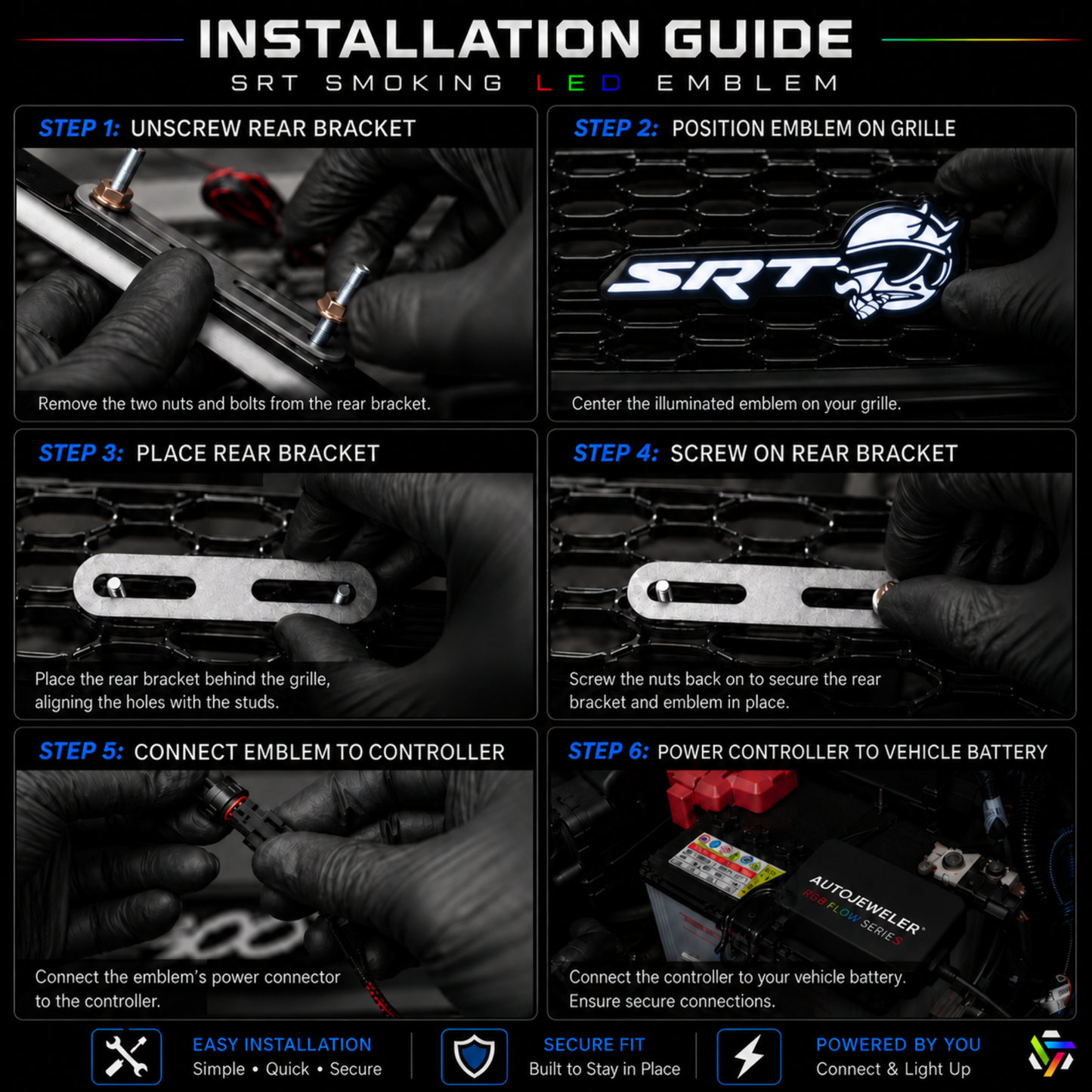 Step-by-step installation guide for the SRT Smoking Bee LED grille emblem showing bracket mounting, wiring connections, controller setup, and vehicle installation process.