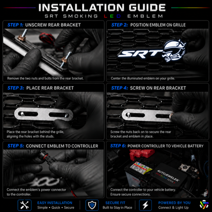 Step-by-step installation guide for the SRT Smoking Bee LED grille emblem showing bracket mounting, wiring connections, controller setup, and vehicle installation process.