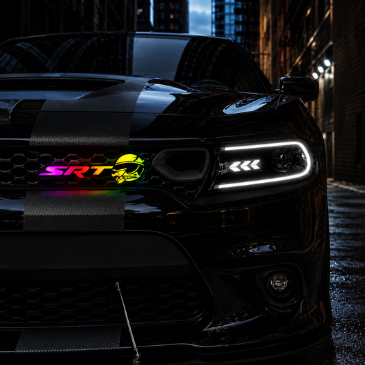 SRT Smoking Bee LED grille emblem installed on a Dodge Charger at night featuring vibrant RGB Flow Series lighting and premium illuminated appearance.