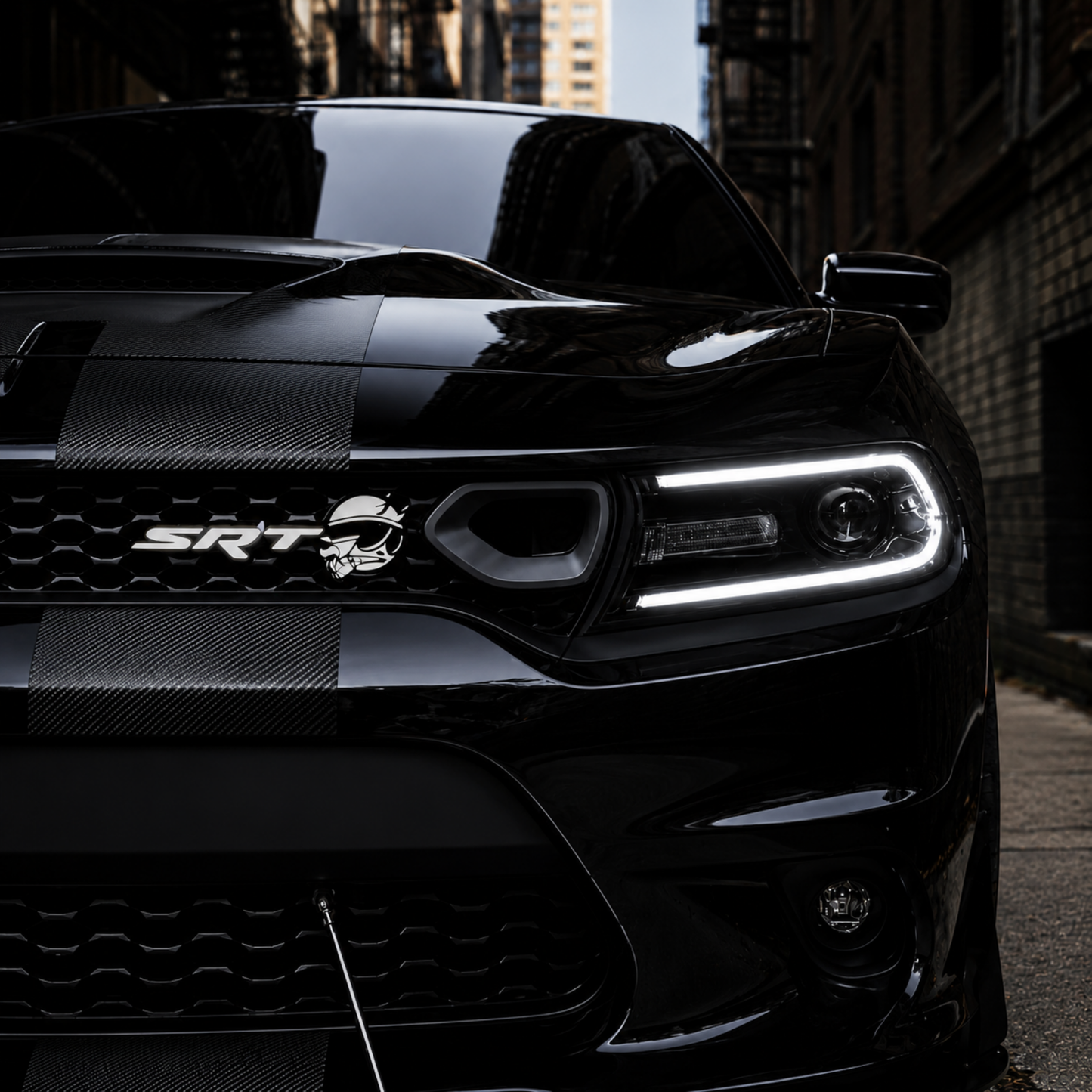 SRT Smoking Bee grille emblem installed on Dodge Charger with LEDs powered off showing premium black acrylic faceplate and clean OEM-style appearance.
