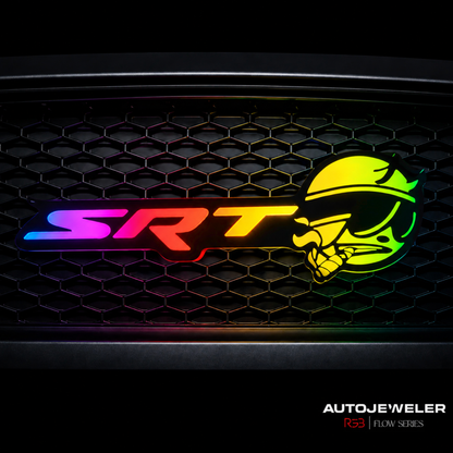 SRT Smoking Bee RGB Flow Series LED grille emblem installed on black honeycomb grille displaying animated rainbow flow lighting effects.