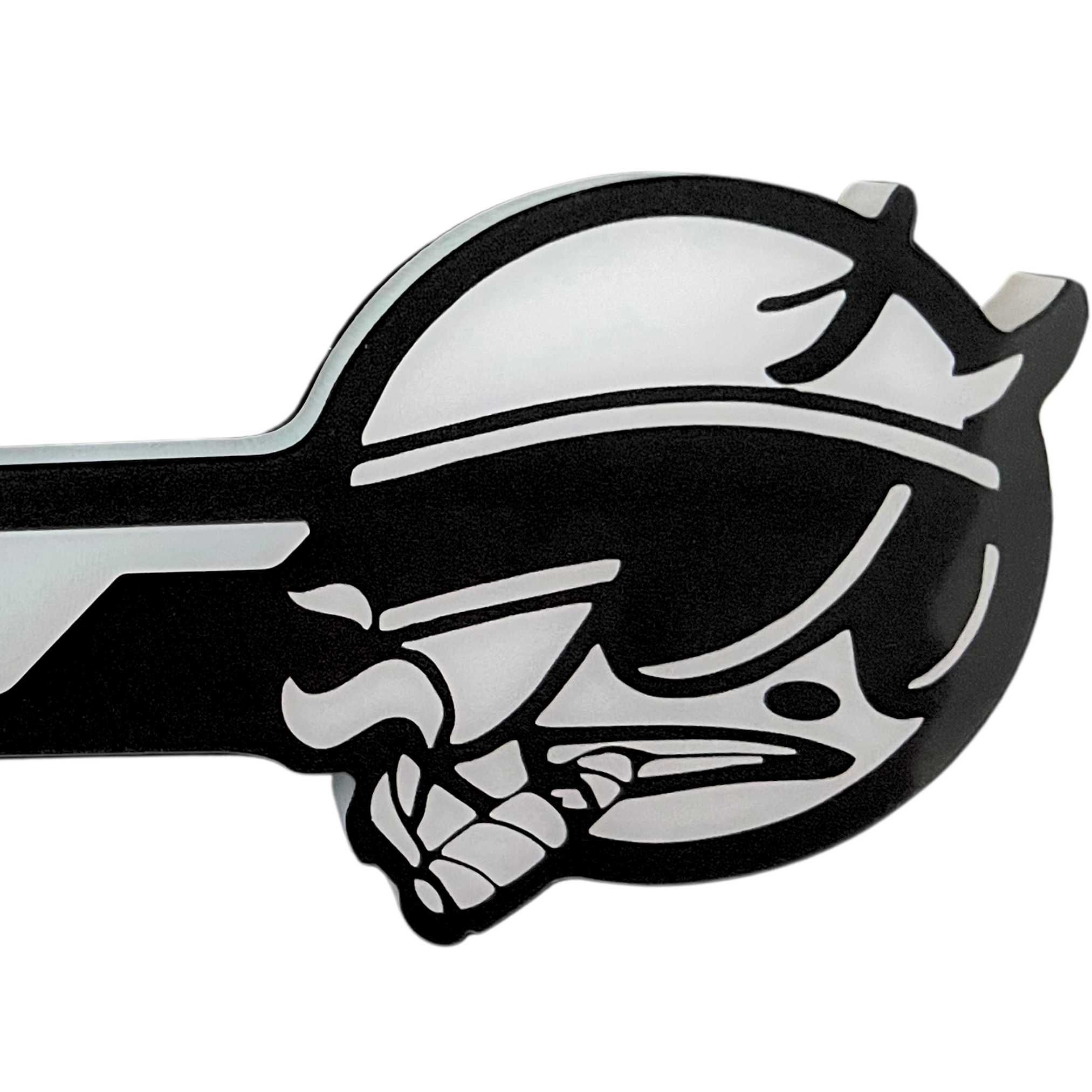 Close-up view of the SRT Smoking Bee LED emblem showing premium laser-cut acrylic construction, detailed smoking bee graphic, and black faceplate finish.