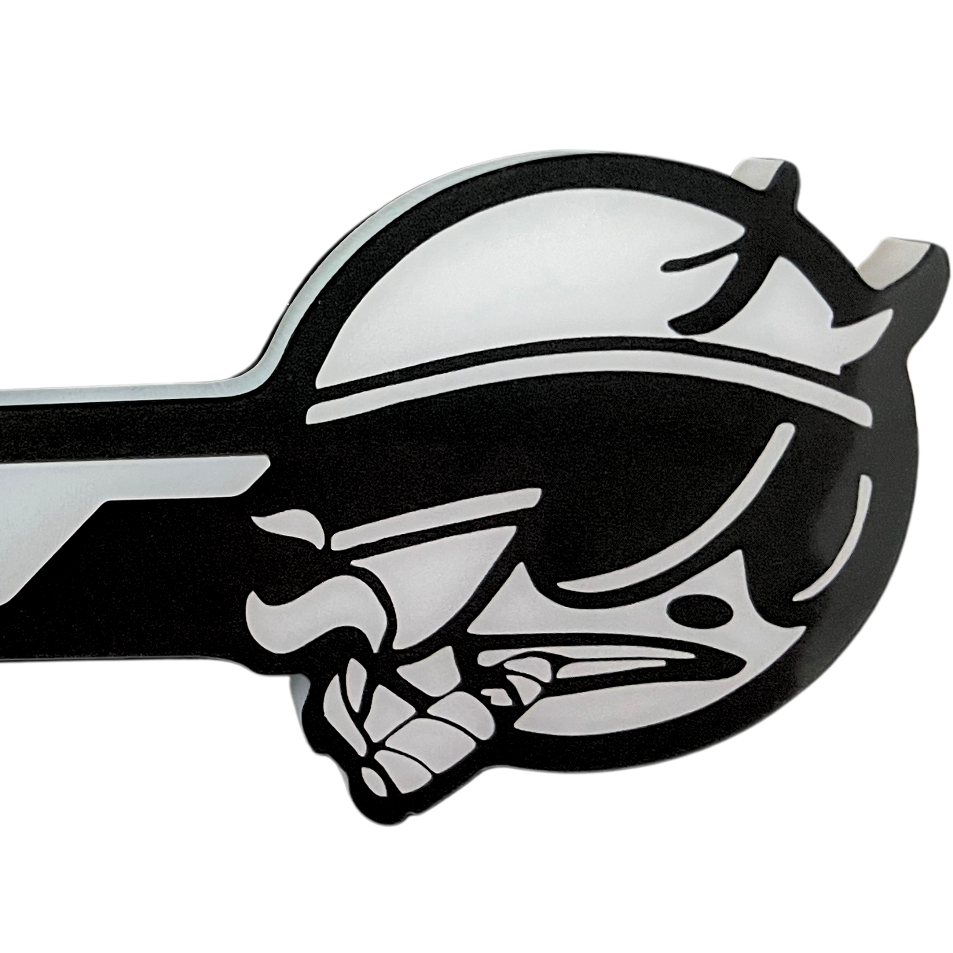 Close-up view of the SRT Smoking Bee LED emblem showing premium laser-cut acrylic construction, detailed smoking bee graphic, and black faceplate finish.