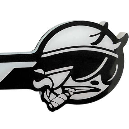 Close-up view of the SRT Smoking Bee LED emblem showing premium laser-cut acrylic construction, detailed smoking bee graphic, and black faceplate finish.