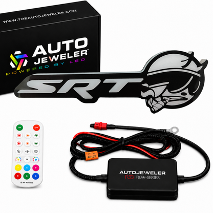 Complete SRT Smoking Bee LED emblem kit including grille badge, RGB controller, wiring harness, remote control, and AutoJeweler packaging.
