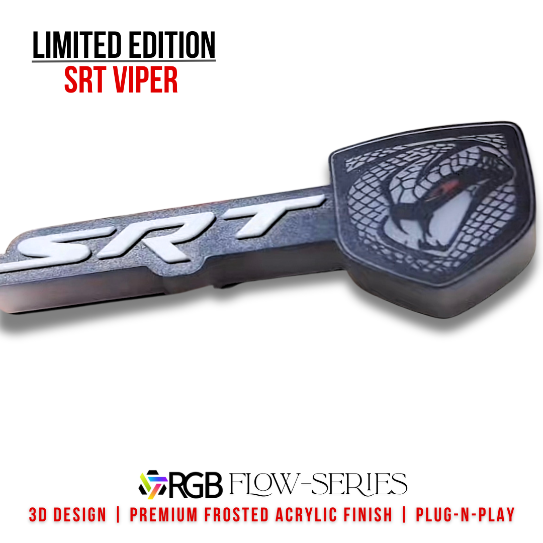 SRT Viper emblem close-up showing 3D raised SRT lettering and frosted acrylic