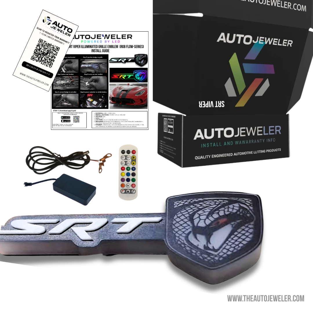 AutoJeweler SRT Viper RGB Flow-Series complete kit with emblem, wiring, controller, remote, and instructions