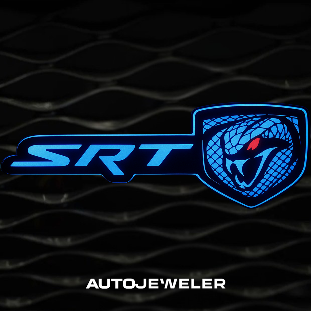 SRT Viper emblem illuminated blue on grille with AutoJeweler branding