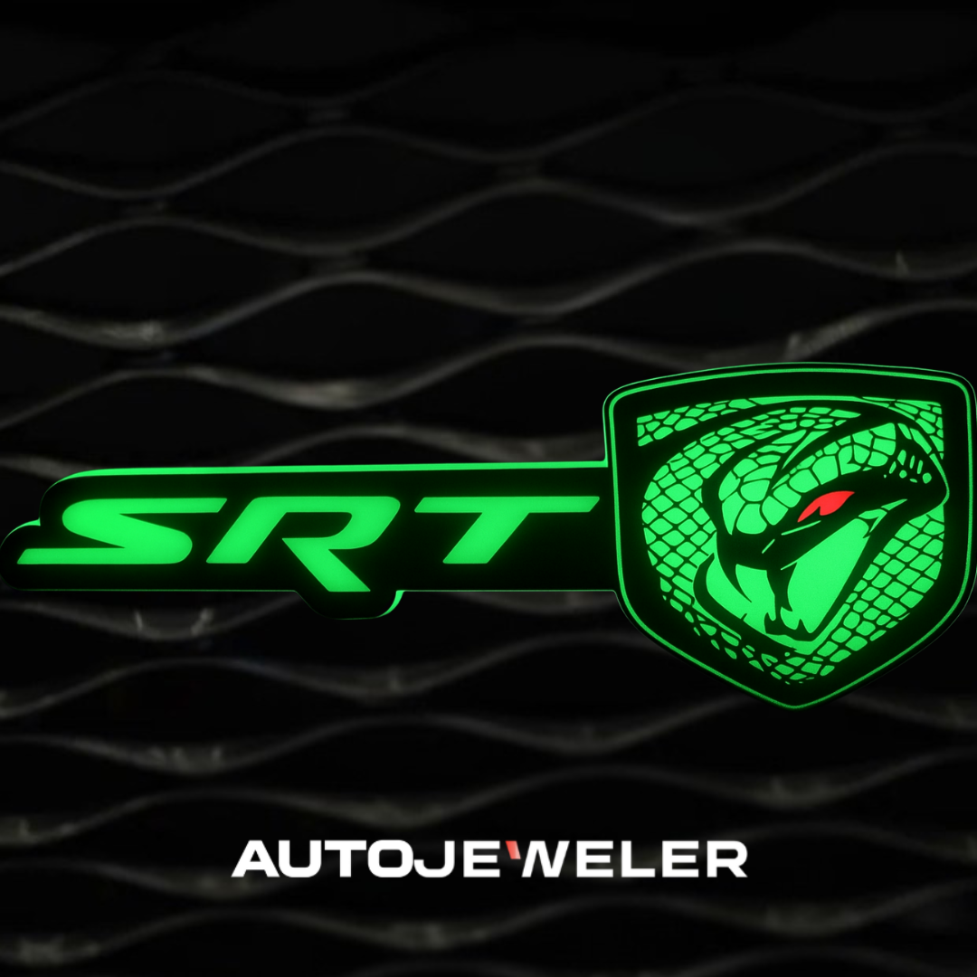 SRT Viper emblem glowing bright green with frosted acrylic finish